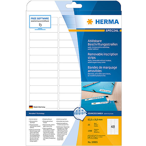Removable Labels A4, 63,5 x 16,9 mm, White (10005)