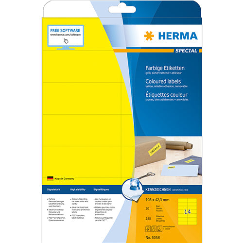 Coloured Labels A4, 105 x 42,3 mm, Yellow, Removable (5058) 20S