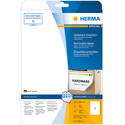 Removable Labels A4, 210 x 297 mm, White (10021)