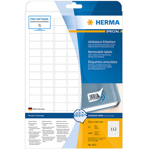 Removable Labels A4, 25,4 x 16,9 mm, White (4211)