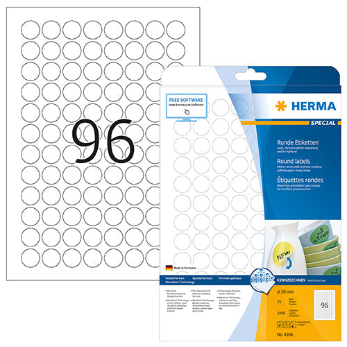 Removable labels A4, Ø 20 mm, white, Movables® technology (4386)