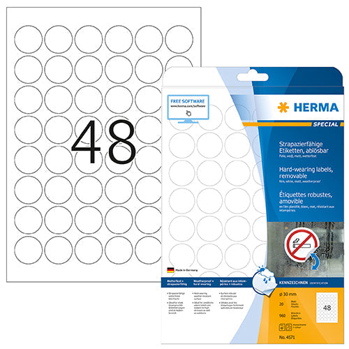 Weatherproof film labels A4, Ø 30 mm, white, extremely strong adhesion, removable (4571)
