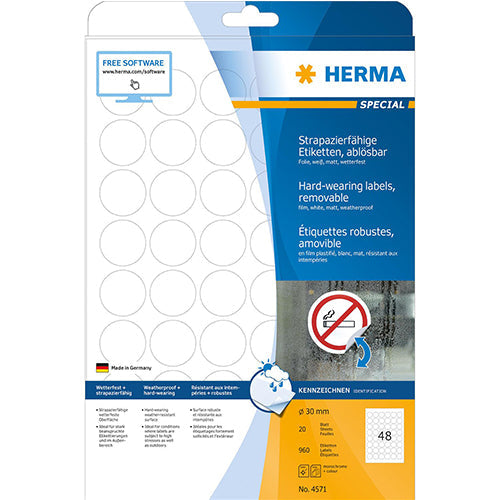 Weatherproof film labels A4, Ø 30 mm, white, extremely strong adhesion, removable (4571)