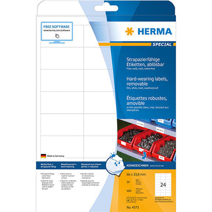 Weatherproof film labels A4, 66,0 x 33,8 mm, white, extremely strong adhesion, removable (4573)