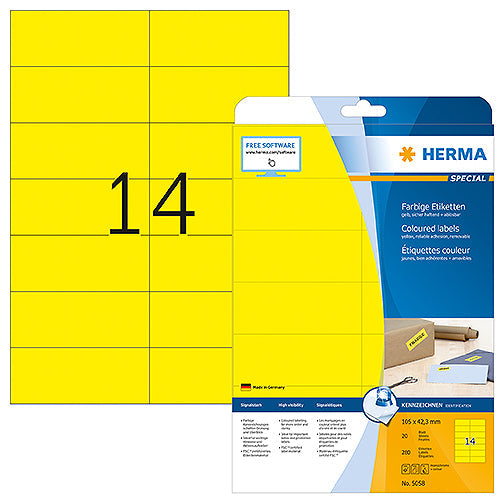 Coloured Labels A4, 105 x 42,3 mm, Yellow, Removable (5058) 20S