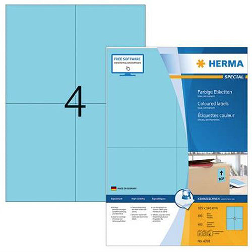Coloured Labels A4, 105 x 148 mm, Blue, Permanent Adhesion (4398)