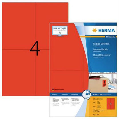 Coloured Labels A4, 105 x 148 mm, Red, Permanent Adhesion (4397)