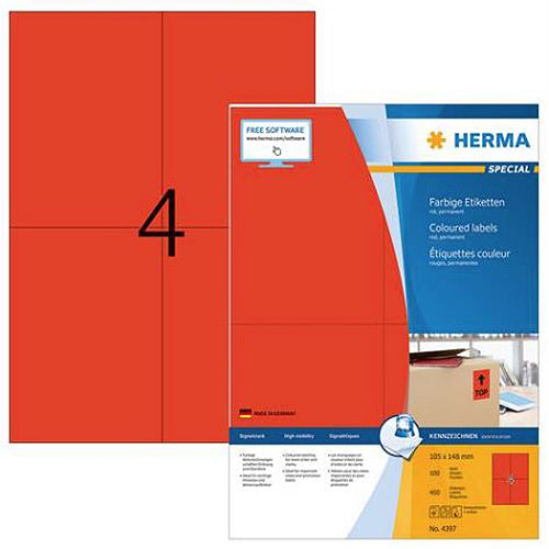 Coloured Labels A4, 105 x 148 mm, Red, Permanent Adhesion (4397)