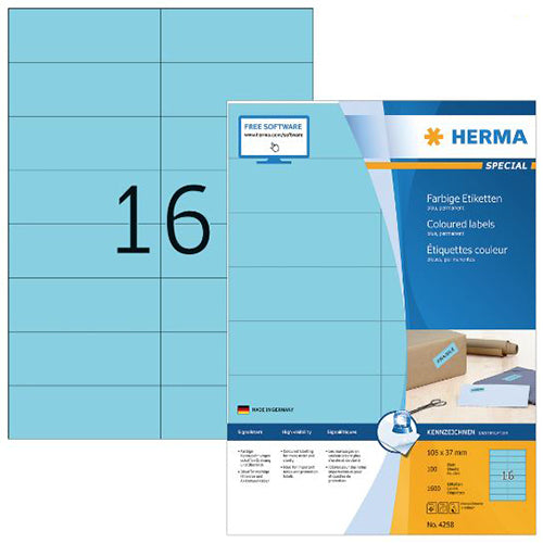 Coloured Labels A4, 105 x 37 mm, Blue, Permanent Adhesion (4258)