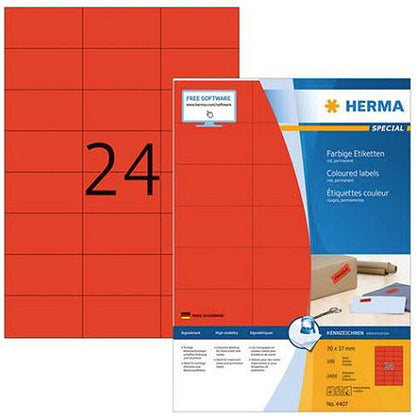 Coloured Labels A4, 70 x 37 mm, Red, Permanent Adhesion (4407)