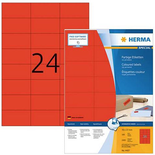 Coloured Labels A4, 70 x 37 mm, Red, Permanent Adhesion (4407)